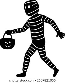 mummy walking while holding a pumpkin candy buck.