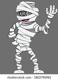 Mummy waving hand. Halloween character in cartoon style.