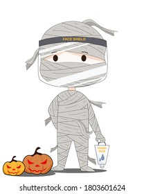 mummy wearing a face shield mask and holding alcohol gel, halloween vector illustration