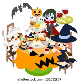 A mummy and a witch and a vampire enjoy a party while eating many cakes of  pumpkin.