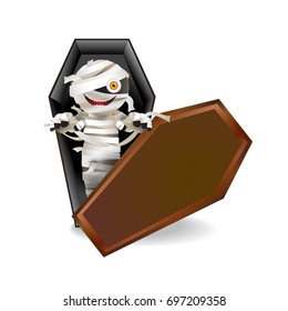 Mummy zombie character in a coffin on white background. Vector illustration for Halloween festival.