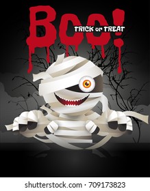 Mummy zombie, ghost character haunting in dark night with fog and silhouette of dry twigs. Vector illustration with halloween wording.