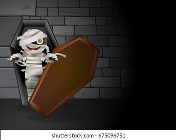 Mummy zombie is haunting in the dark tomb. Mummy living in a coffin and stones wall as background. Vector illustration for halloween.