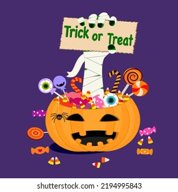 Mummy zombie monster hand hold Trick or Treat paper sign card with sweet desserts in orange pumpkin basket on purple background. Happy Halloween vector illustration, Autumn spooky holiday celebration.