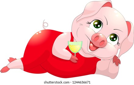 The mumps lies on one side. The cheerful pig drinks champagne.The pig in a red dress expects New Year's gifts.