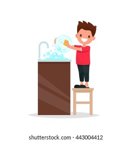 Mum's helper. The boy washes the dishes. Vector illustration of a flat design