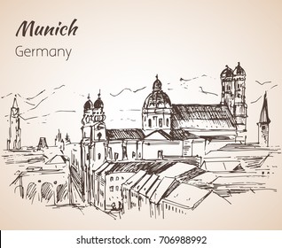 Munchen city landscape, Germany. Frauenkirche. Church of Our Lady. Germany. Sketch. Isolated on white background