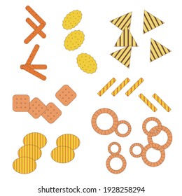 Munchies fast food icons in flat design . Junk food crunchy snacks as potato chips, mexican tortilla nachos, crackers, salty cookies, snack sticks and crispy onion rings.
