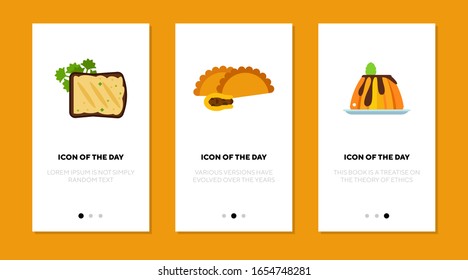 Munchies flaches Symbol-Set. Essen, kurz, Mittagessen, einzelne Vektorillustration Schild Packung. Produktions- und Ernährungskonzept. Symbolelemente für Vektorillustration für Webdesign und Apps