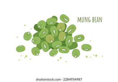 Mung beans. A handful of green, yellow-green peas of Asian beans and an inscription on a white background. Legumes from India. Vector illustration.