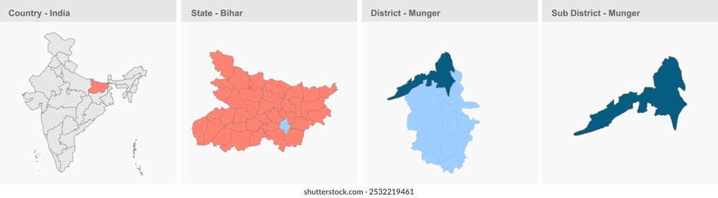 Munger map, Munger District, Bihar State, Republik Indien, Regierung von Bihar, Indisches Territorium, Ostindien, Politik, Dorf, Tourismus