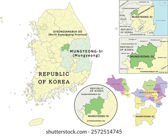 Mungyeong-si (Mungyeong) location on Gyeongsangbuk-do (North Gyeongsang Province) and Republic of Korea (South Korea) map. Clored. Vectored