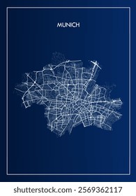 Munich administrative vector map in gradient blue. Tourist decorative street map.