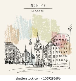 Munich, Bavaria, Germany, Europe. Old Town Hall and Marian column at Marienplatz Square. Travel sketch. Vintage hand drawn postcard, poster, book illustration. Vector artwork