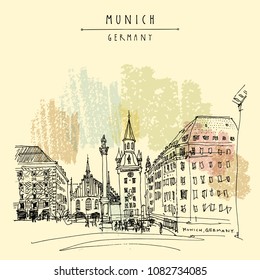 Munich, Bavaria, Germany, Europe. Old Town Hall and Marian column at Marienplatz Square. Travel sketch. Vintage hand drawn postcard, poster, book illustration. Vector artwork