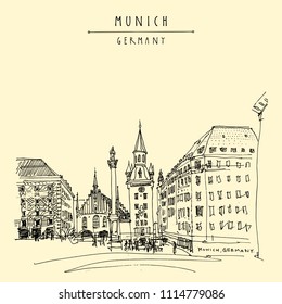 Munich, Bavaria, Germany, Europe. Old Town Hall and Marian column at Marienplatz Square. Travel sketch. Vintage hand drawn postcard, poster, book illustration. Vector artwork