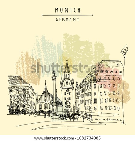 Munich, Bavaria, Germany, Europe. Old Town Hall and Marian column at Marienplatz Square. Travel sketch. Vintage hand drawn postcard, poster, book illustration. Vector artwork