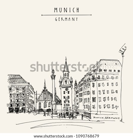 Munich, Bavaria, Germany, Europe. Old Town Hall and Marian column at Marienplatz Square. Travel sketch. Vintage hand drawn postcard, poster, book illustration. Vector artwork