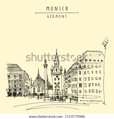 Munich, Bavaria, Germany, Europe. Old Town Hall and Marian column at Marienplatz Square. Travel sketch. Vintage hand drawn postcard, poster, book illustration. Vector artwork