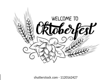 Munich Beer Festival Oktoberfest handwritten text with line art illustration of wheat heads and hop cones. Poster, banner, logo, website, printing for beer party. Oktoberfest holiday typography emblem