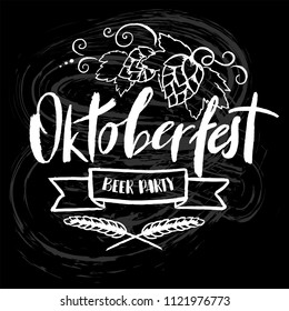 Munich Beer Festival Oktoberfest handwritten text with line art illustration of wheat heads and hop cones. Poster, banner, logo, website, printing for beer party. Oktoberfest typography emblem