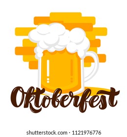 Munich Beer Festival Oktoberfest handwritten text with flat style icon of mug of beer. Poster, banner, logo, website, printing for beer party. Oktoberfest typography emblem