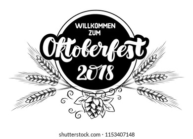 Munich Beer Festival Oktoberfest handwritten text with line art illustration of wheat heads and hop cones. Poster, banner, logo, website, printing for beer party. Oktoberfest holiday typography emblem