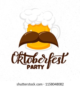 Munich Beer Festival Oktoberfest handwritten text with flat style mugs of beer. Poster, banner, logo, website, printing for beer party. Oktoberfest holiday typography banner