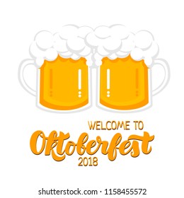 Munich Beer Festival Oktoberfest handwritten text with flat style mugs of beer. Poster, banner, logo, website, printing for beer party. Oktoberfest holiday typography banner