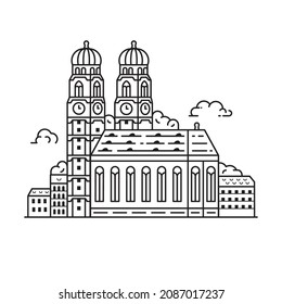 Munich Cathedral of our Lady aka Frauenkirche inspired illustration. Bavaria travel symbol and architectural landmark in line art minimalist design.