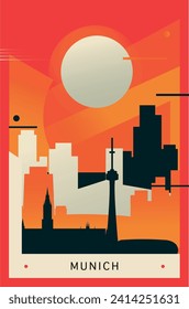 Munich city brutalism poster with abstract skyline, cityscape retro vector illustration. Germany Bavaria travel front cover, brochure, flyer, leaflet, business presentation template image