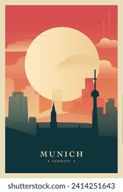 Afiche de brutalismo de la ciudad de Múnich con horizonte abstracto, cityscape retro ilustración vectorial. Portada de viaje de Baviera de Alemania, folleto, folleto, folleto, imagen de la plantilla de presentación de negocios