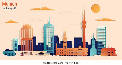 Munich city colorful paper cut style, vector stock illustration. Cityscape with all famous buildings. Skyline Munich city composition for design 