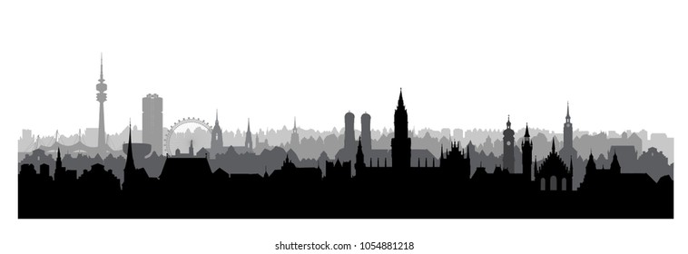 Munich city, Germany. Urban skyline with landmark buildings silhouette. Travel Bavaria background