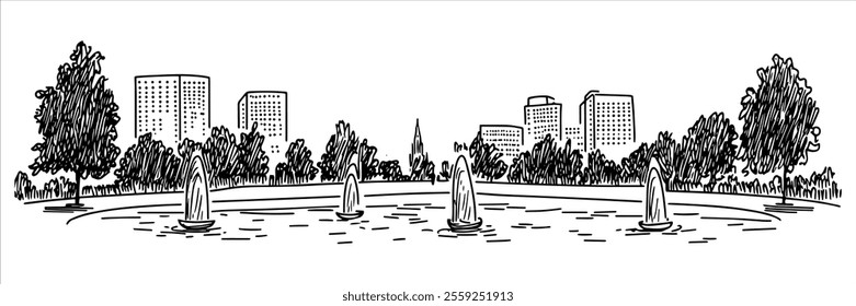 Munich city ​​panorama hand drawing doodle hatching vector sketch