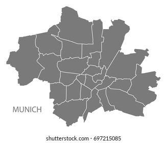 Munich city map with boroughs grey illustration silhouette shape