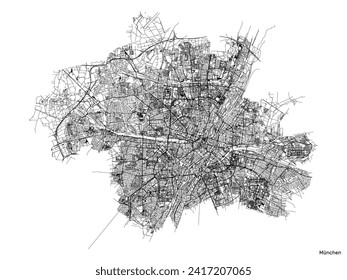 Munich city map with roads and streets, Germany. Black and white. Vector outline illustration.