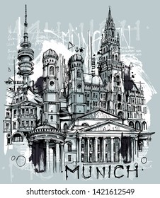 Munich City Sketch isolated on white background. Only one layer inside.