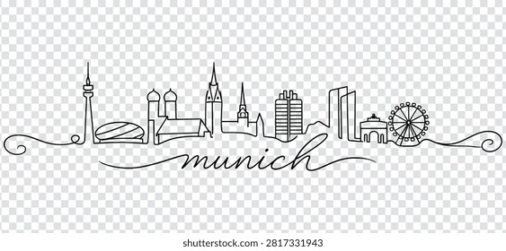 Munich city skyline, continuous line drawing. Hand drawn vector illustration of Munich landmarks, isolated on white background.