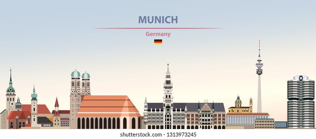 Munich city skyline on colorful gradient beautiful day sky background with flag of Germany. Vector illustration