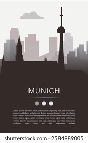 Munich city template for website, presentation, front page, invitation, publication sheet with skyline, landmarks. Vector Germany image layout, simple and grayscale