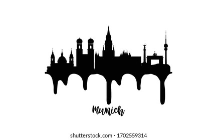 Munich Germany black skyline silhouette vector illustration on white background with dripping ink effect.
