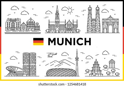 Munich, Germany. Buildings, landmarks and city sights. Vector outline illustration