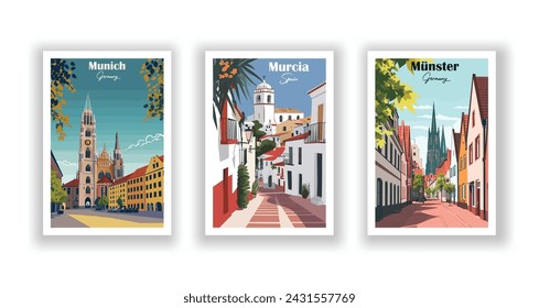 Múnich, Alemania. Münster, Alemania. Murcia, España - Set de 3 Carteles de Viajes Vintage. Ilustración vectorial. Impresiones de alta calidad