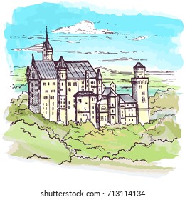 Munich, Germany. Neuschwanstein Castle in sketch style.Watercolor illustration of  Historical showplace for print, souvenirs, postcards, t-shirts, decoration.