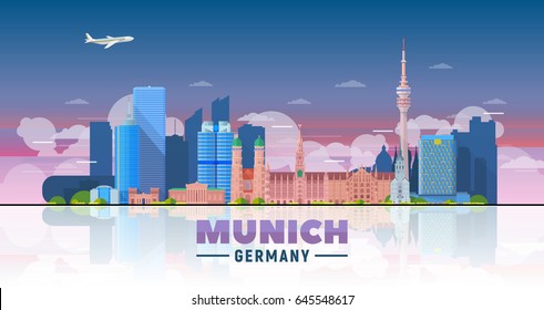 Munich ( Germany ) skyline with panorama in sky background. Vector Illustration. Business travel and tourism concept with modern buildings. Image for presentation, banner, web site.