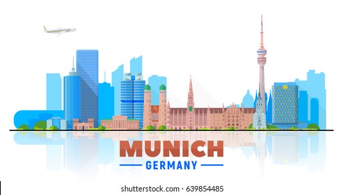 Munich ( Germany ) skyline with panorama in white background. Vector Illustration. Business travel and tourism concept with modern buildings. Image for presentation, banner, web site.