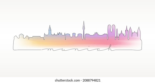 Munich, Germany Skyline Watercolor City Illustration. Famous Buildings Silhouette Hand Drawn Doodle Art. Vector Landmark Sketch Drawing.