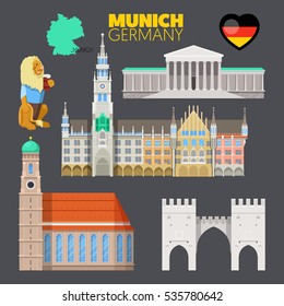 Munich Germany Travel Doodle with Architecture, Lion and Flag. Vector illustration