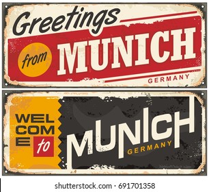 Munich Germany travel souvenir sign template. Greetings from Munich. Welcome to Munich.